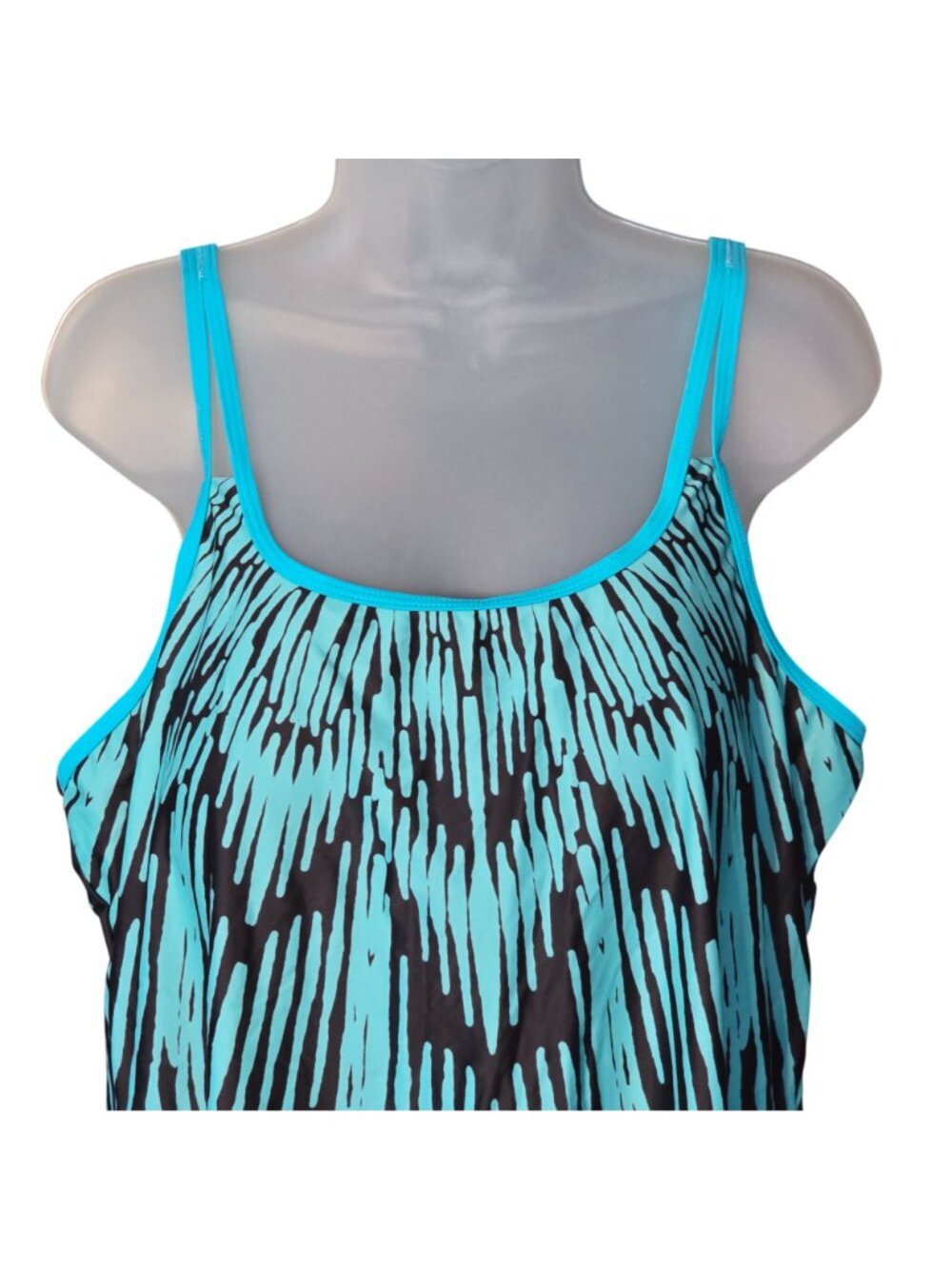 Black Blue Abstract Tankini Top 16W Plus Size Flared Built In Bra - Picture 2 of 8